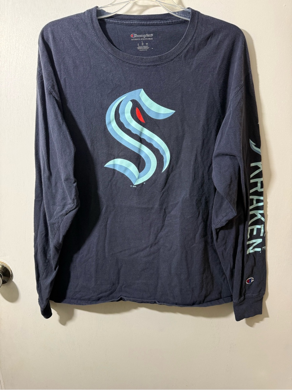 Champion Men’s Woman’s Long Sleeve Navy Shirt with Teal Kraken Graphic B-15 #16